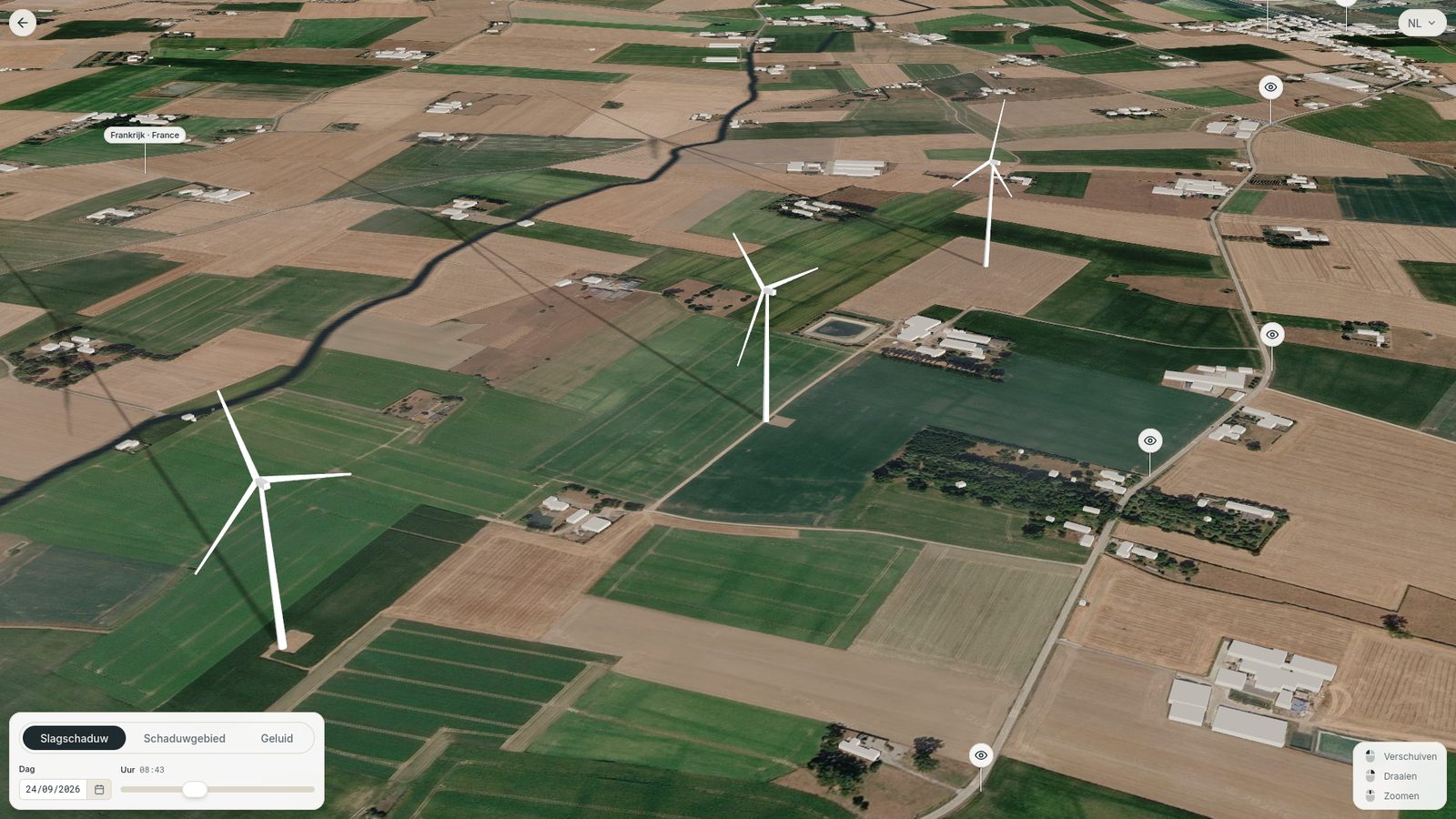 Schermafbeelding van de simulator: drie windturbines op de 3D-kaart rond Leisele met hun slagschaduw
